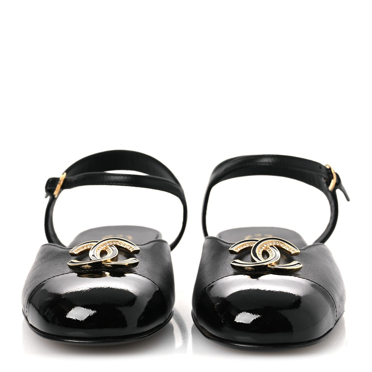 Lambskin Patent Cap Toe Crystal Enamel CC Mary Jane Slingback Flats 36 Black