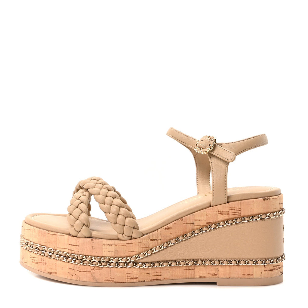 Lambskin Espadrille Braided Platform Sandals 37 Beige
