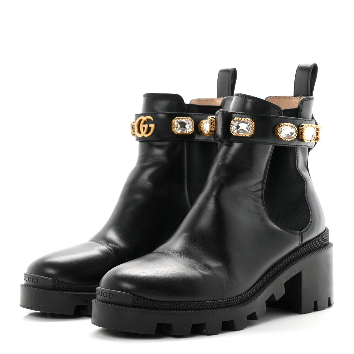 Calfskin Crystal GG Trip Chelsea Ankle Boots 36.5 Black