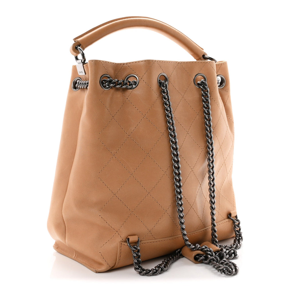 Calfskin Stitched Medium Urban Luxury Drawstring Backpack Beige