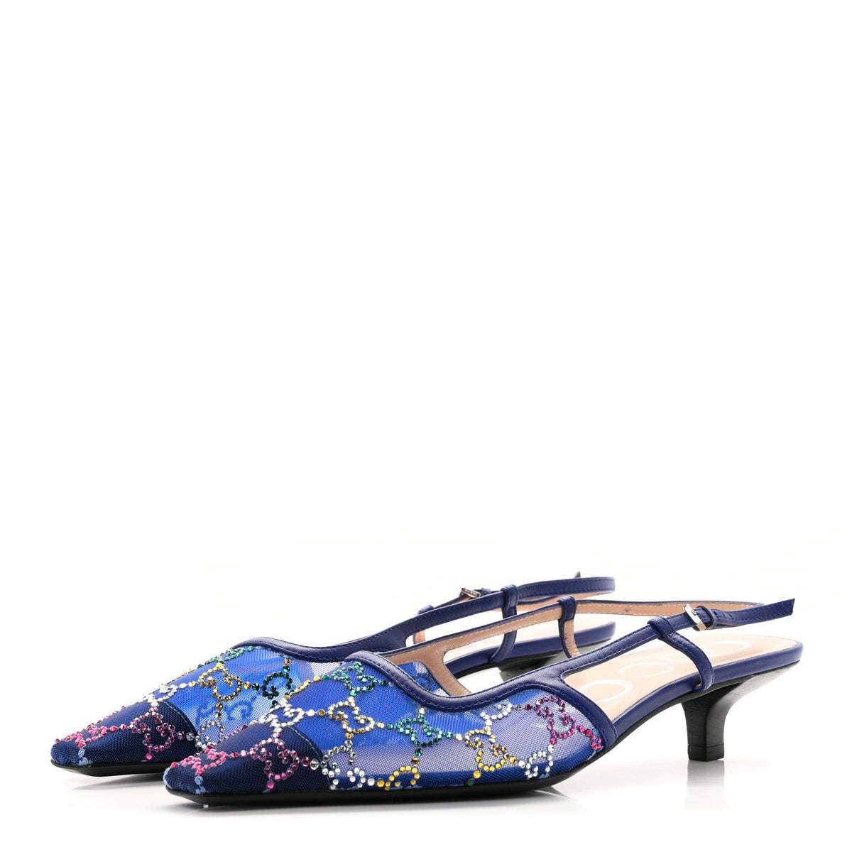 Tela Retino Nappa Charlotte Crystal GG Monogram Square G 35mm Slingback Pumps 38 Splash Net Blue Witch