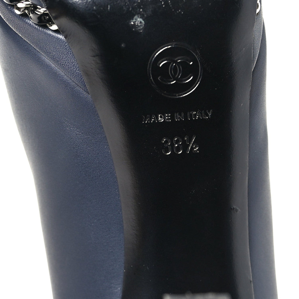 Calfskin Patent CC Cap Toe Platform Chain Pumps 38.5 Navy Black