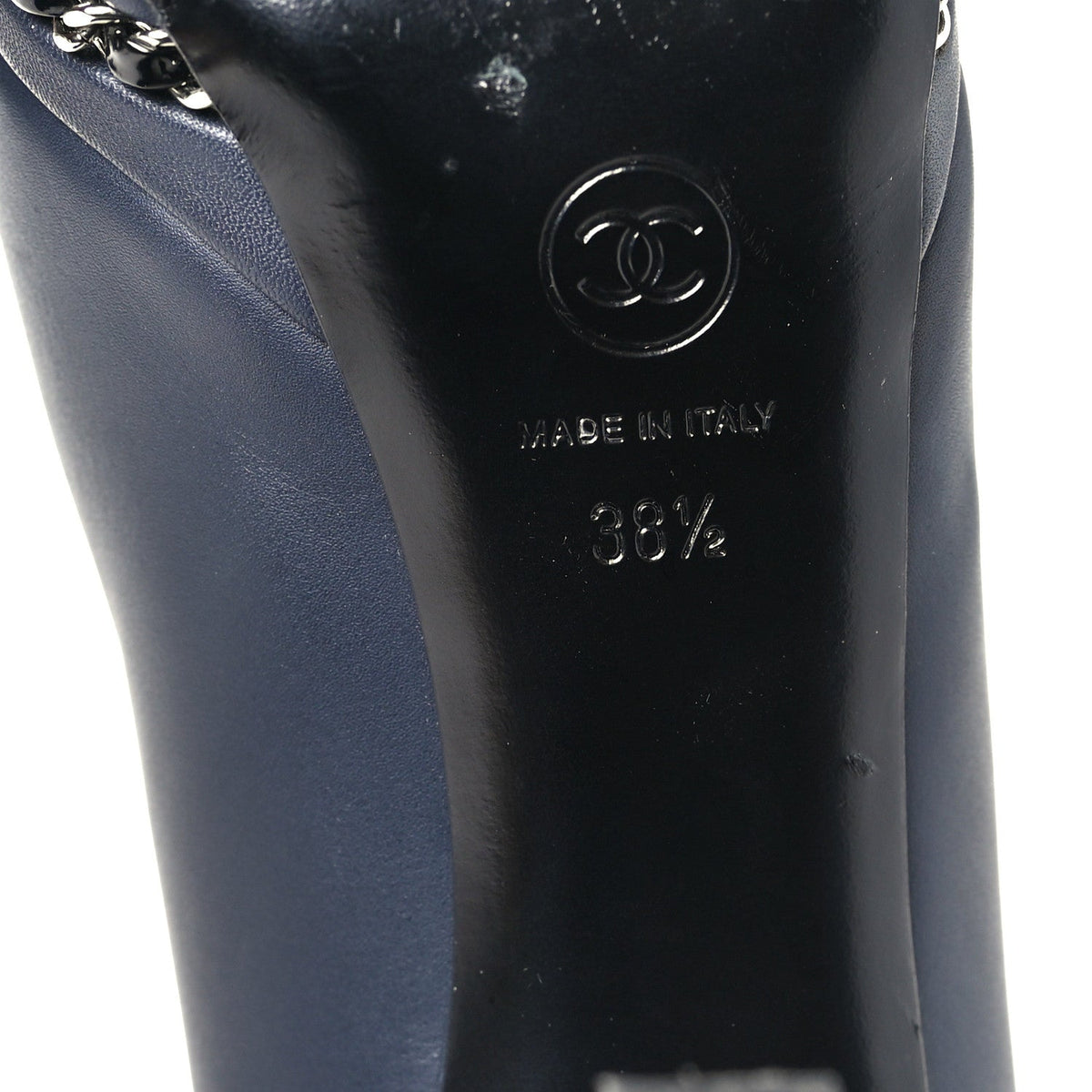 Calfskin Patent CC Cap Toe Platform Chain Pumps 38.5 Navy Black