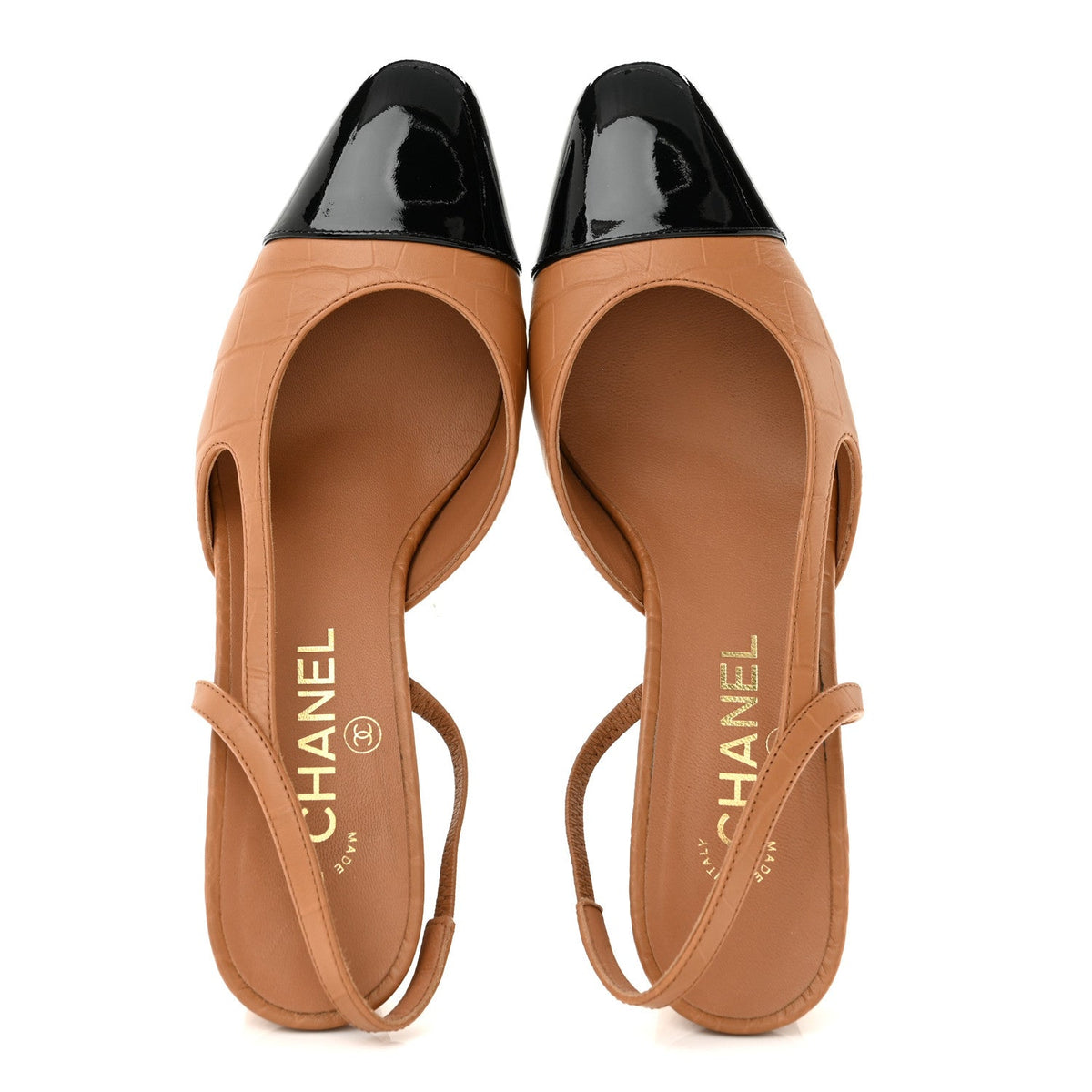 Calfskin Crocodile Embossed Patent Cap Toe CC Slingback Pumps 38.5 Light Brown Black