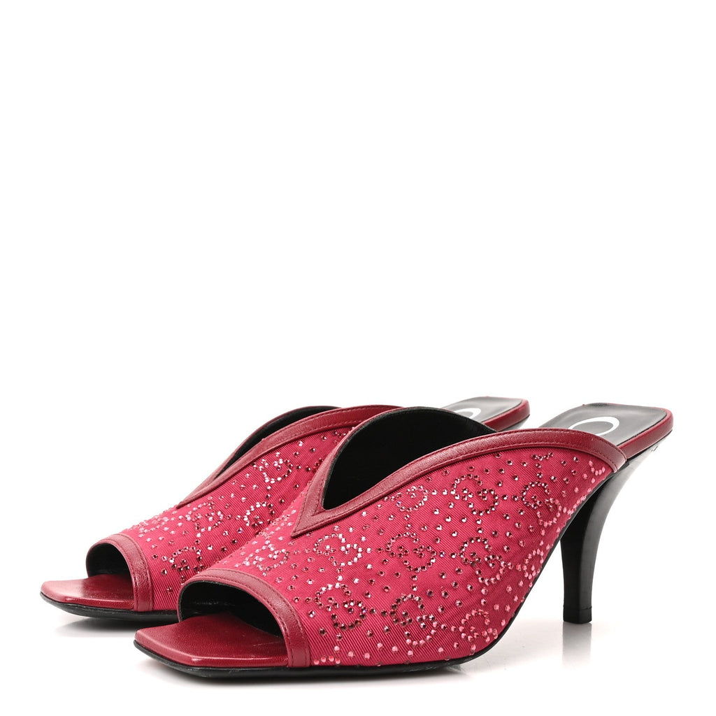 Moire Fabric Malaga Kid Crystal GG Monogram Square G 95mm Slide Sandals 35 Dark Cherry Red