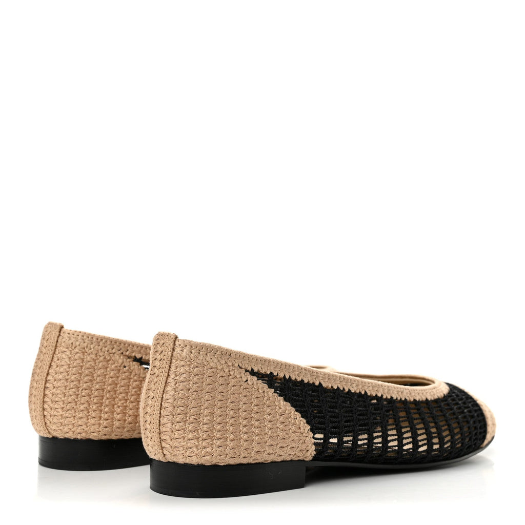 Raffia Cap Toe Ballerina Flats 38 Black Beige