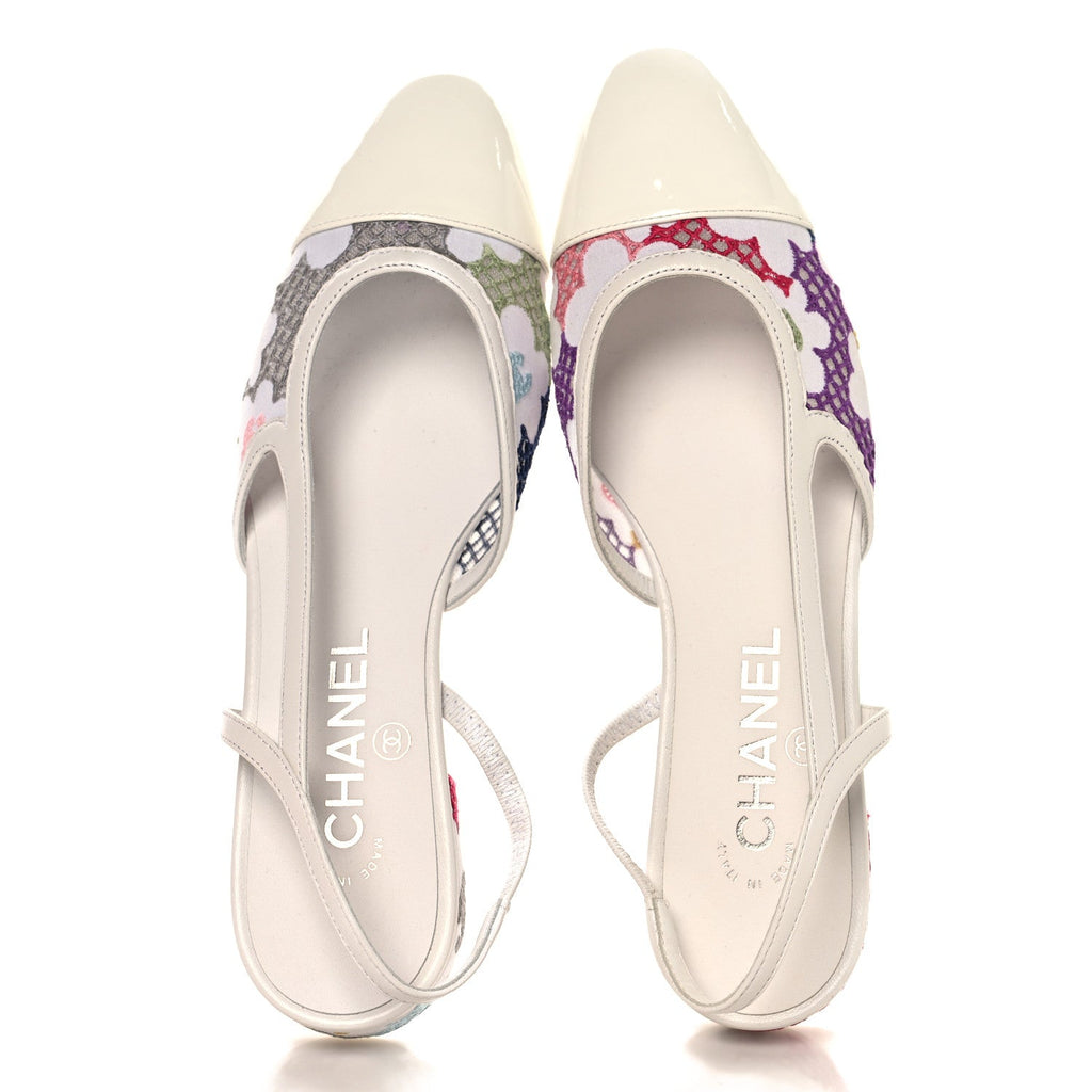 Cotton Guipure Patent Embroidered Floral Cap Toe CC Slingback Flats 37 White Multicolor
