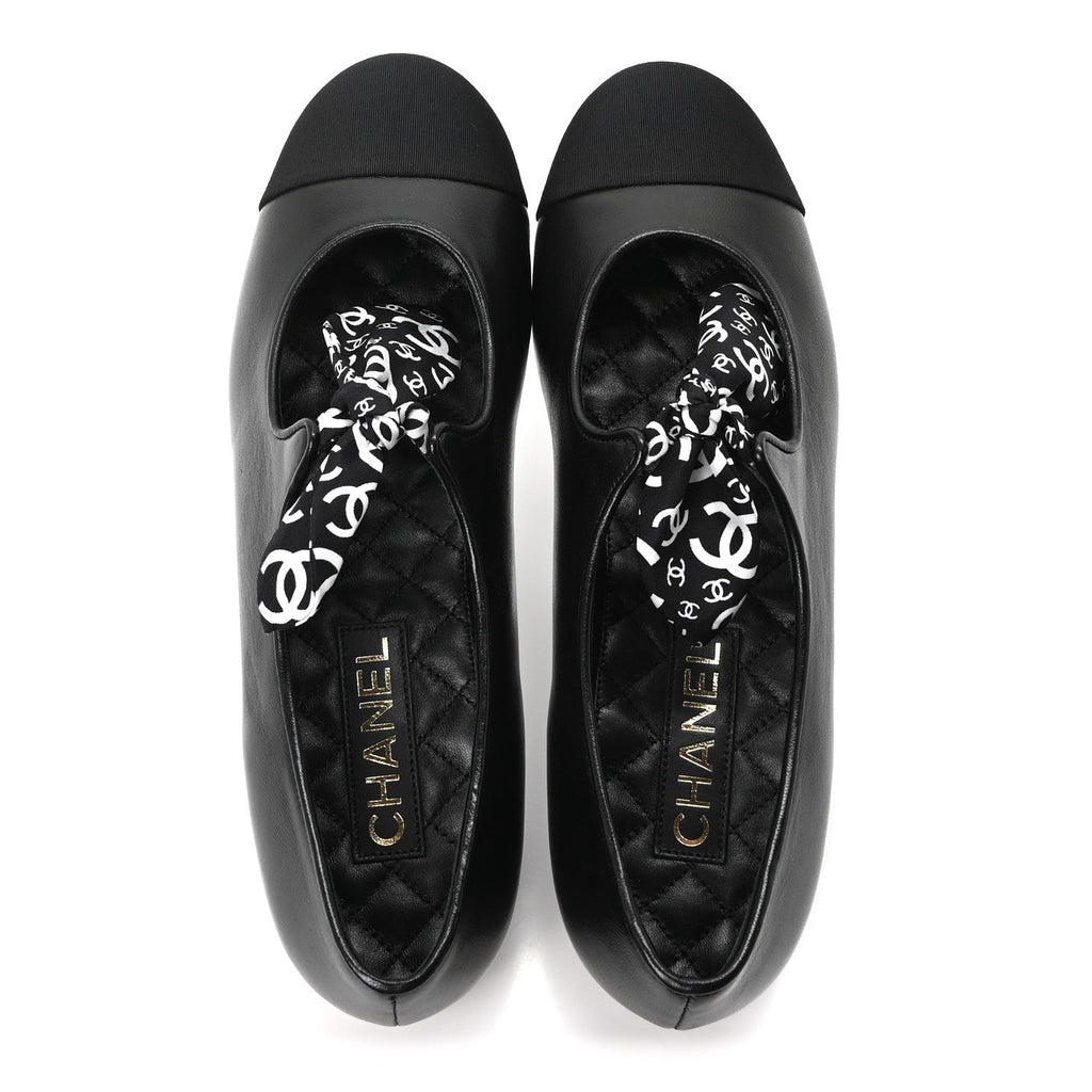 Lambskin Grosgrain Silk CC Mary Jane Flats 40 Black White