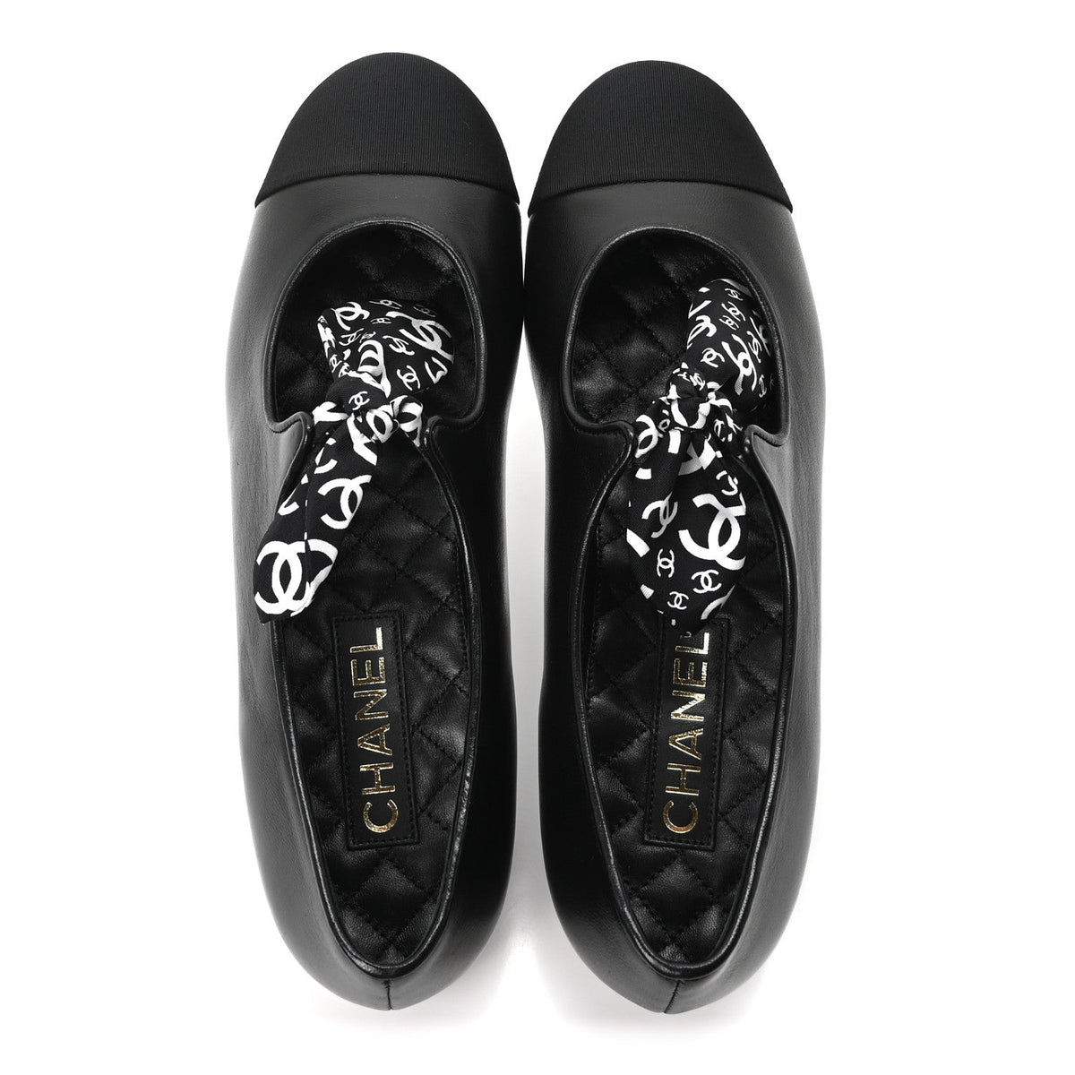 Lambskin Grosgrain Silk CC Mary Jane Flats 40 Black White