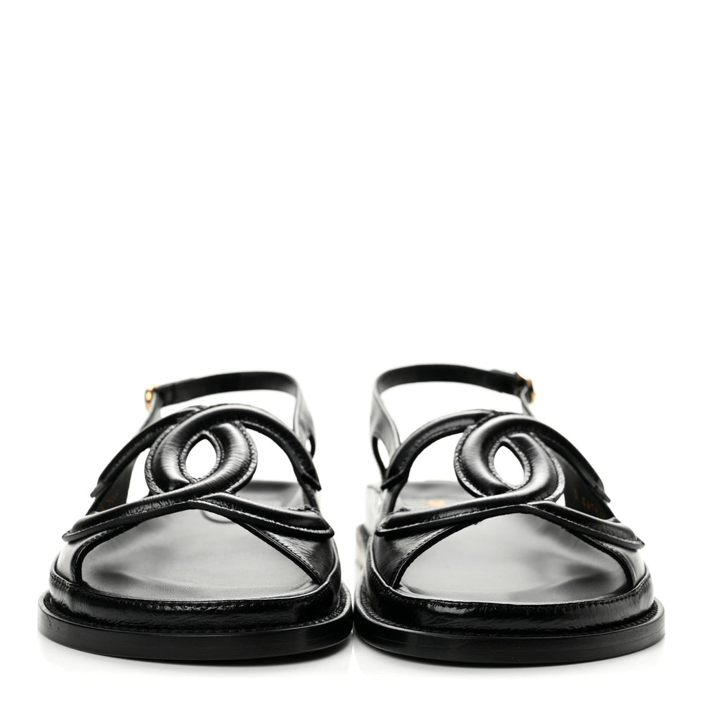 Crumpled Shiny Lambskin CC Cut Out Dad Sandals 39 Black