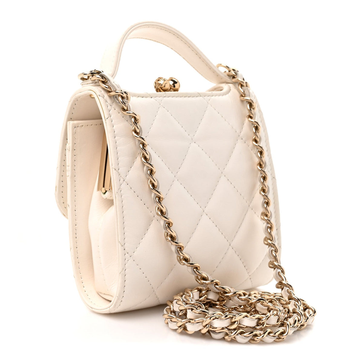 Lambskin Quilted Kiss Lock Top Handle Flap Clutch With Chain White
