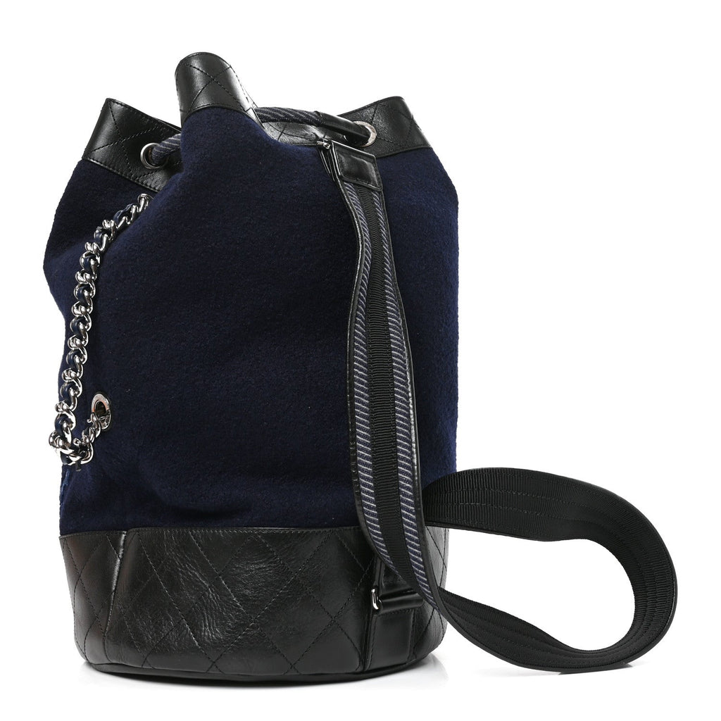 Wool Calfskin Embroidered Paris Hamburg Drawstring Backpack Navy Blue