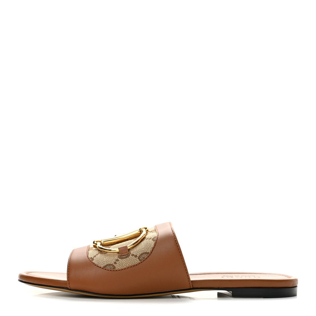 Calfskin Monogram Horsebit Womens Slide Sandals 38.5 Beige Ebony Sundial