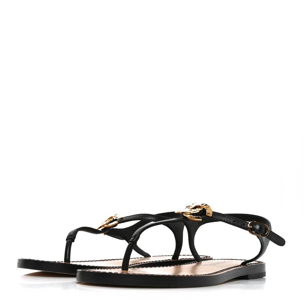 Lambskin CC Thong Sandals 35.5 Black Gold