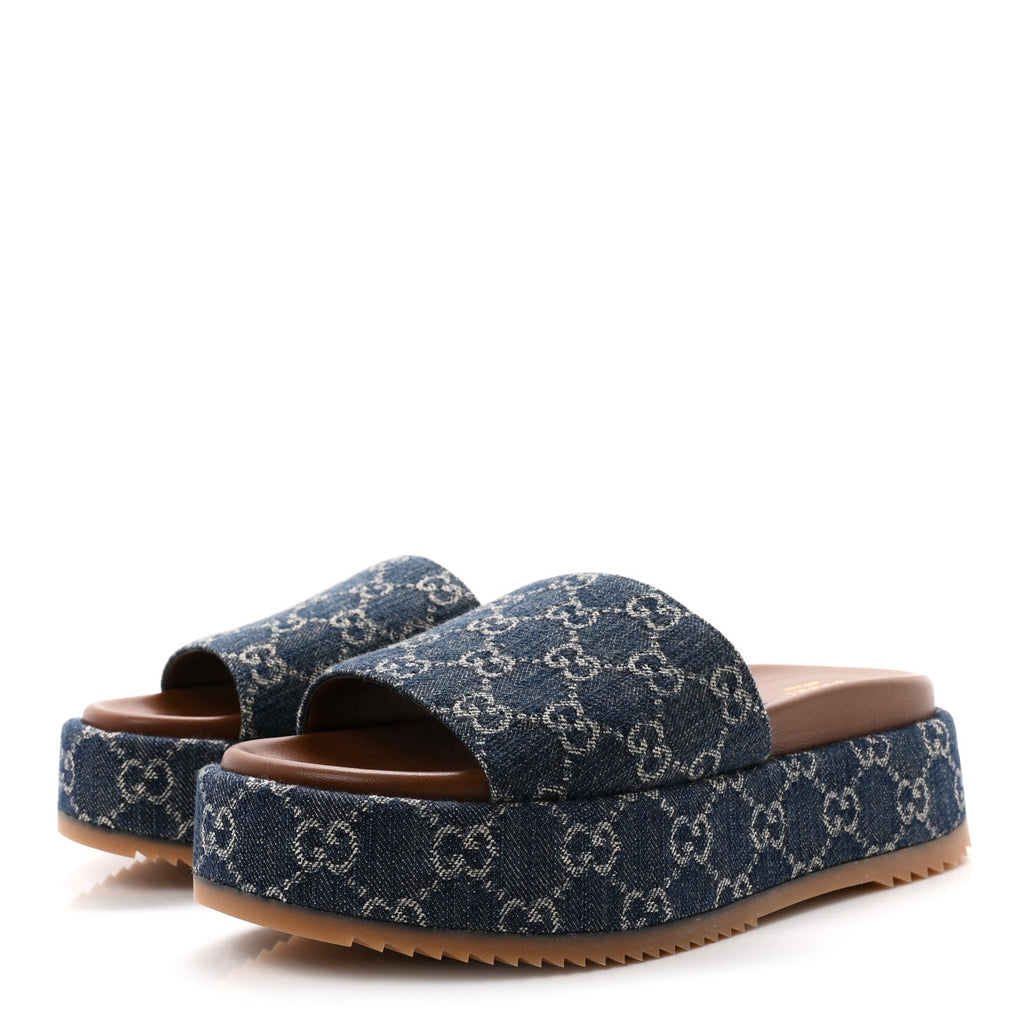 New Denim GG Monogram Angelina Platform 55mm Slide Sandals 40.5 Blue Tea