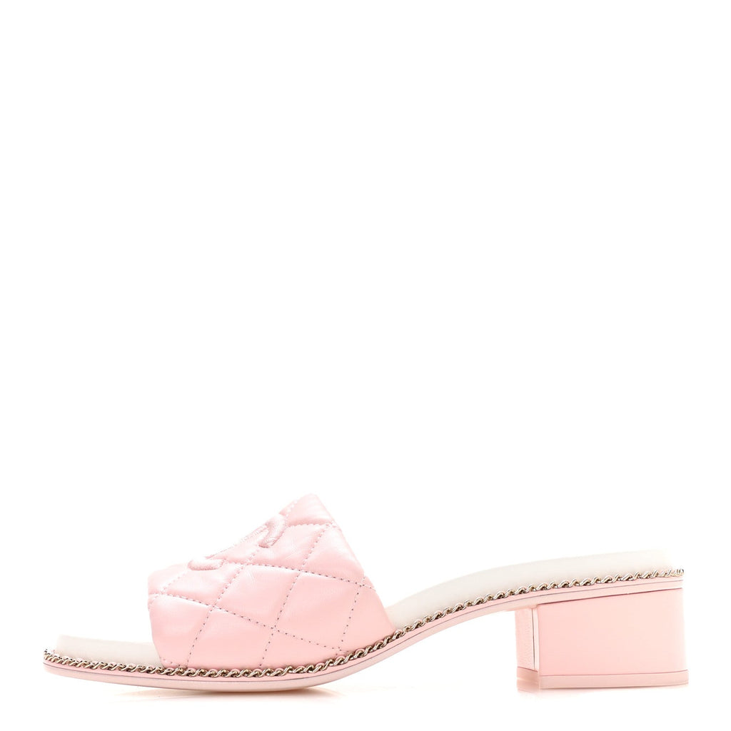 Lambskin Quilted CC Chain Mules 38 Light Pink White