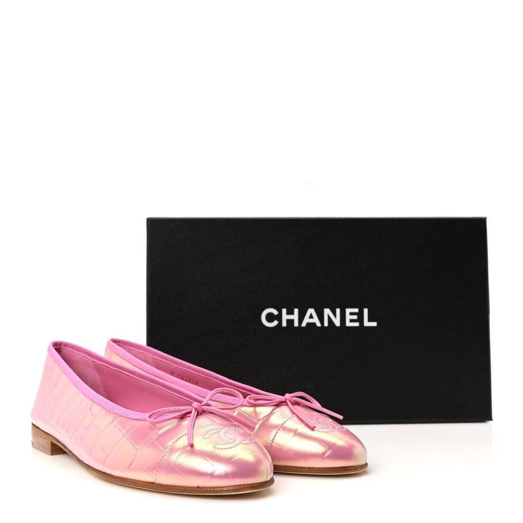 Iridescent Calfskin Crocodile Embossed Ballerina Flats 38 Pink