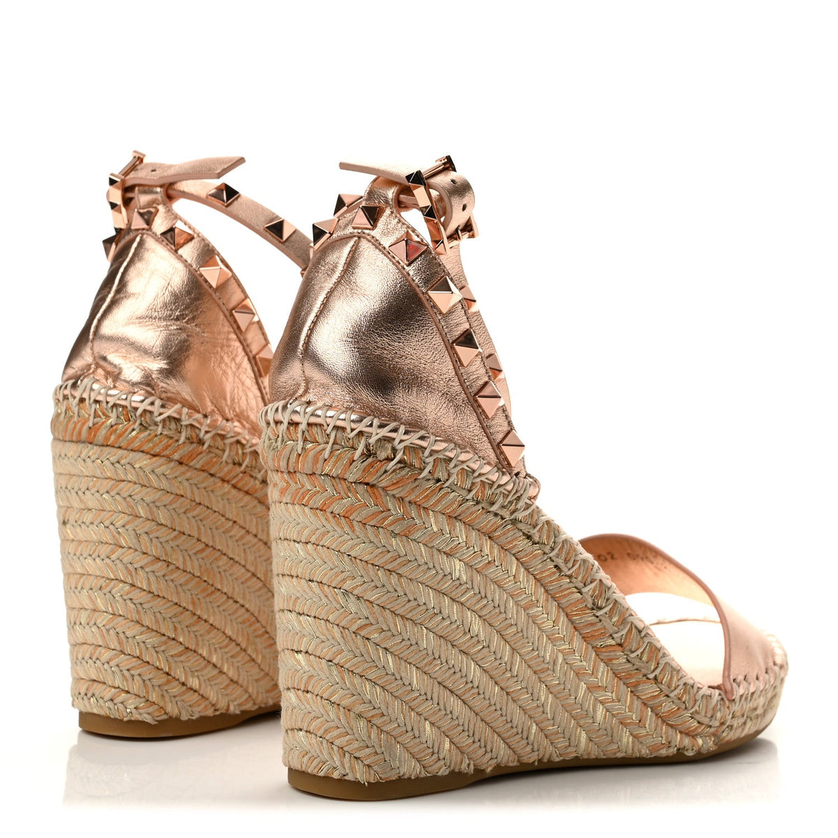 Metallic Grained Calfskin Rockstud Crisscross Ankle Strap Espadrille Wedge Sandals 40 Rame