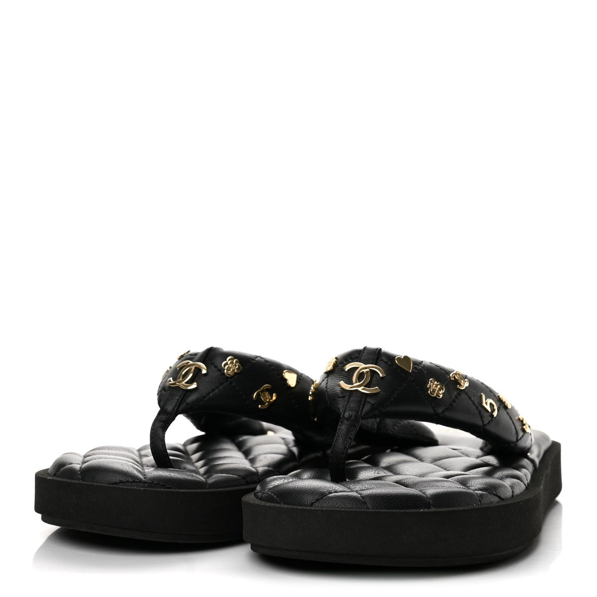 Lambskin Quilted Padded Charms Thong Sandals 38 Black