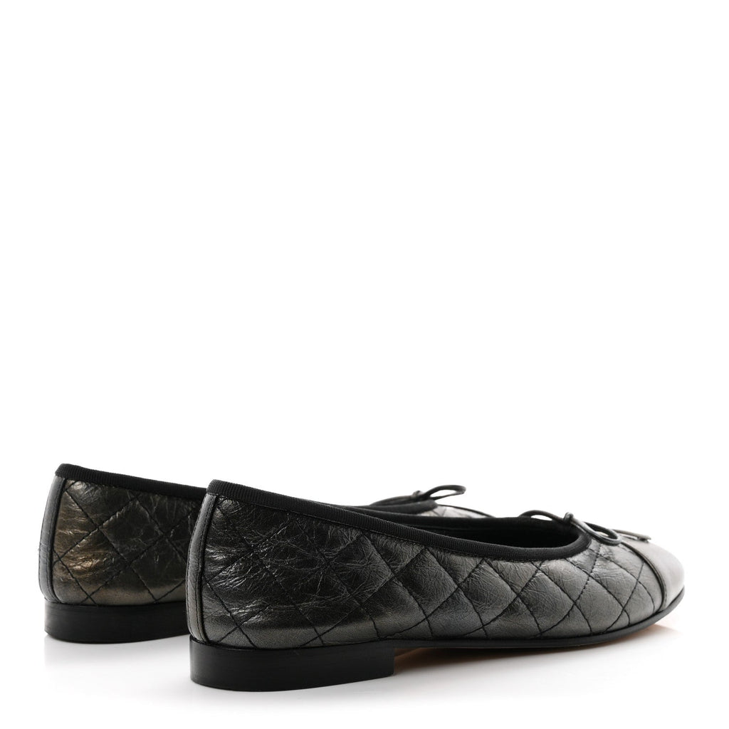 Metallic Aged Calfskin Quilted CC Cap Toe Ballerina Flats 38.5 Dark Silver