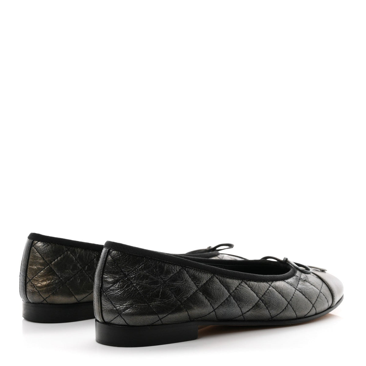 Metallic Aged Calfskin Quilted CC Cap Toe Ballerina Flats 38.5 Dark Silver