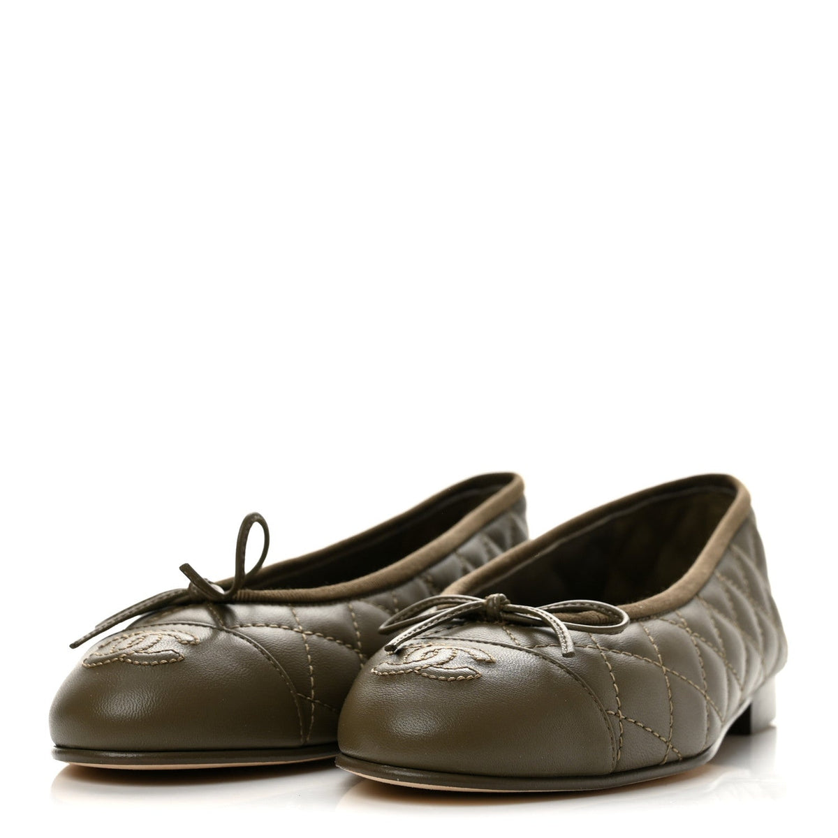 Lambskin Quilted CC Cap Toe Ballerina Flats 35.5 Dark Khaki
