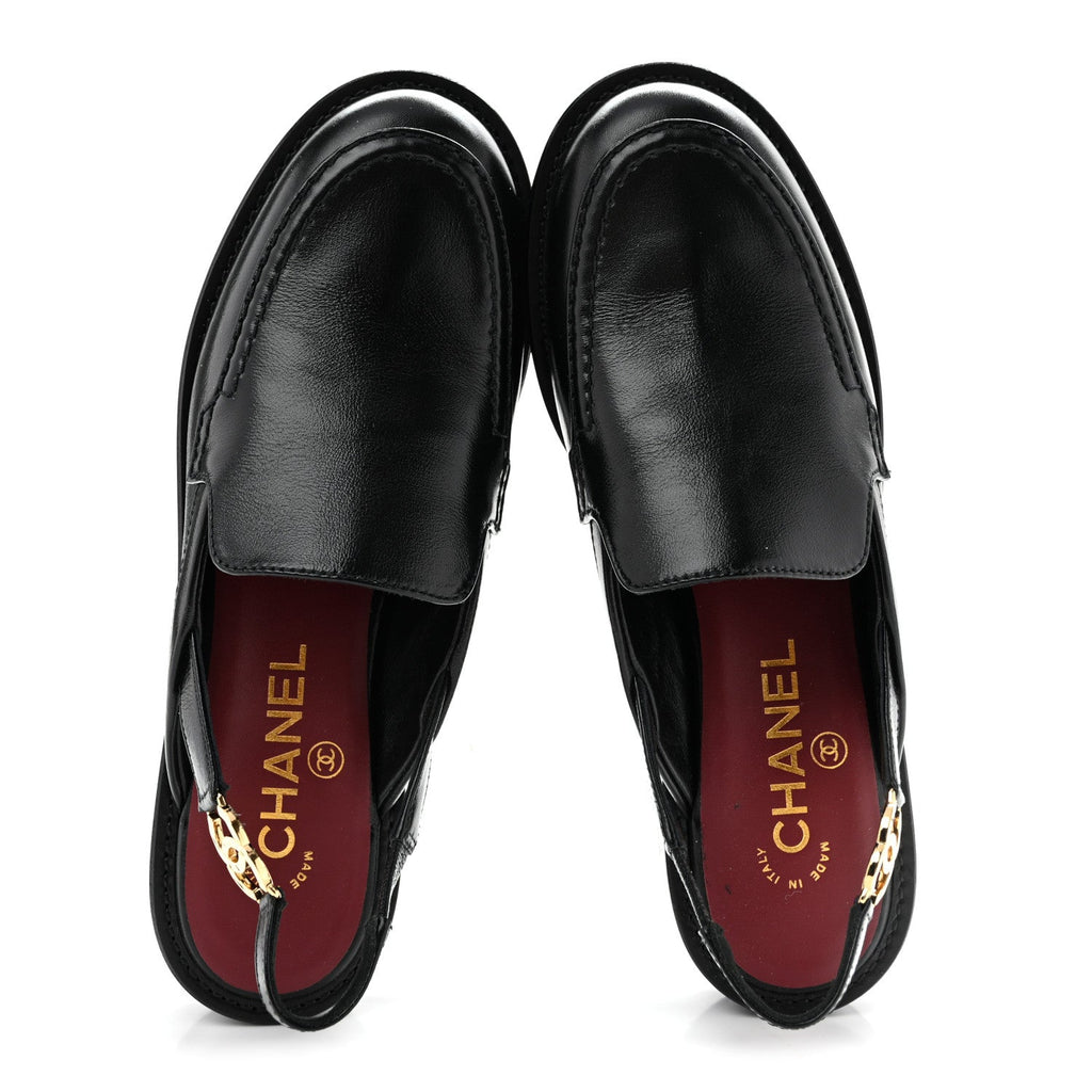 Glazed Calfskin CC Slingback Flats 37 Black