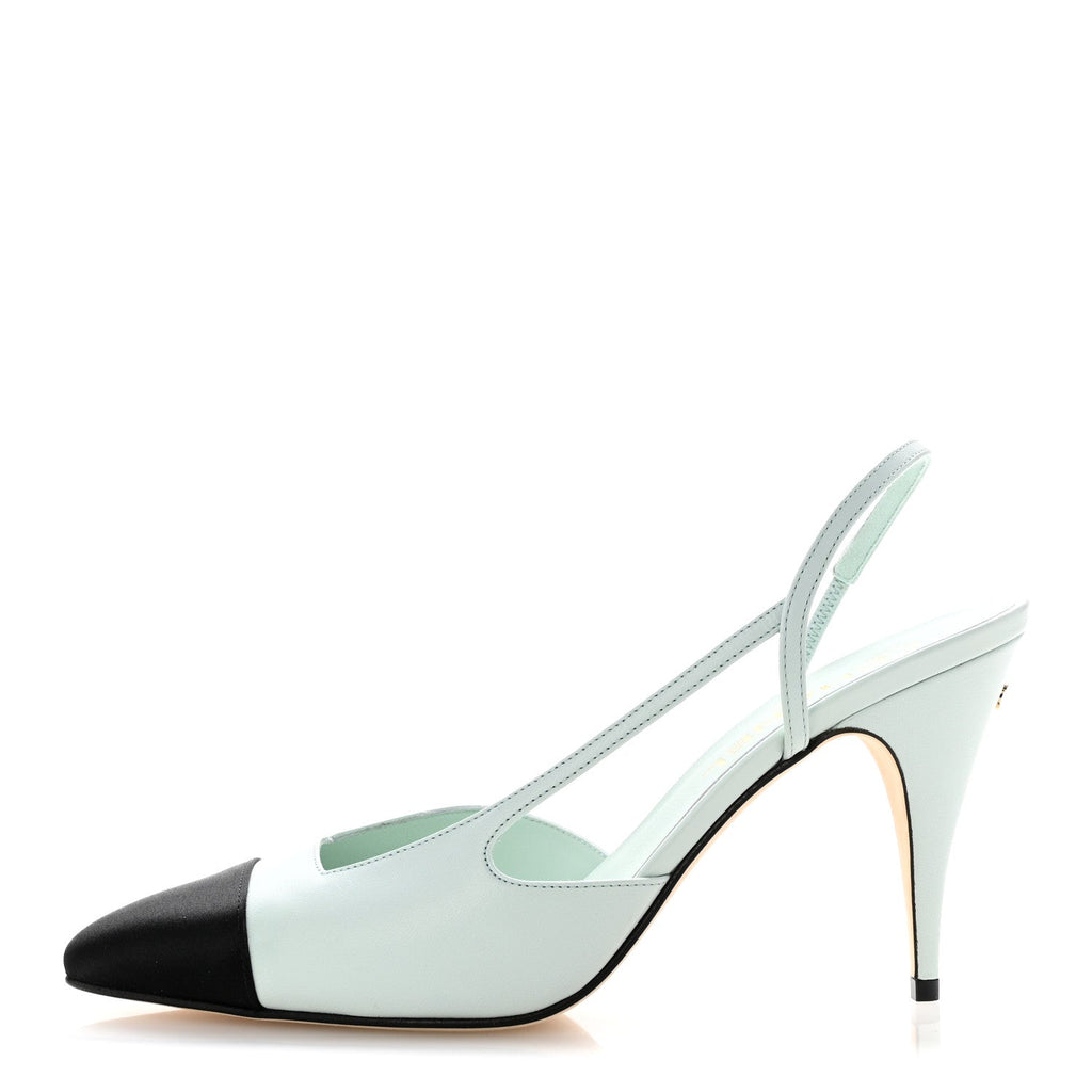 Goatskin Mixed Fibers Cap Toe Slingback Pumps 40 Light Green Black