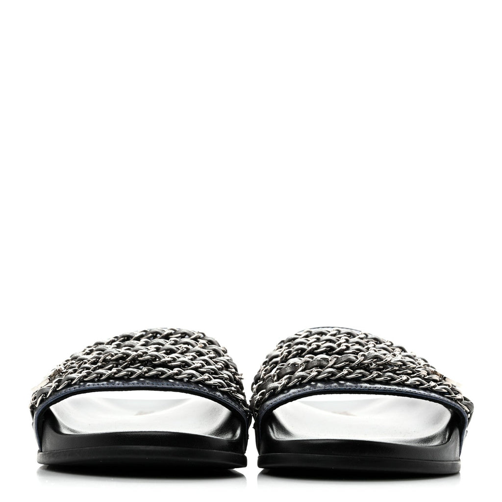 Fantasy Lambskin Chain Slides Sandals Flats 35 Blue