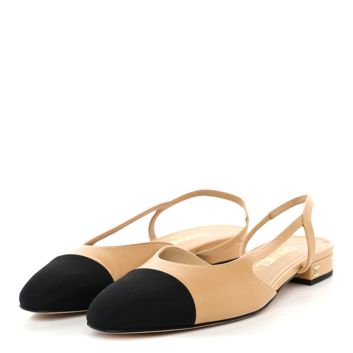 Goatskin Grosgrain Cap Toe CC Slingback Sandals 38.5 Beige Black