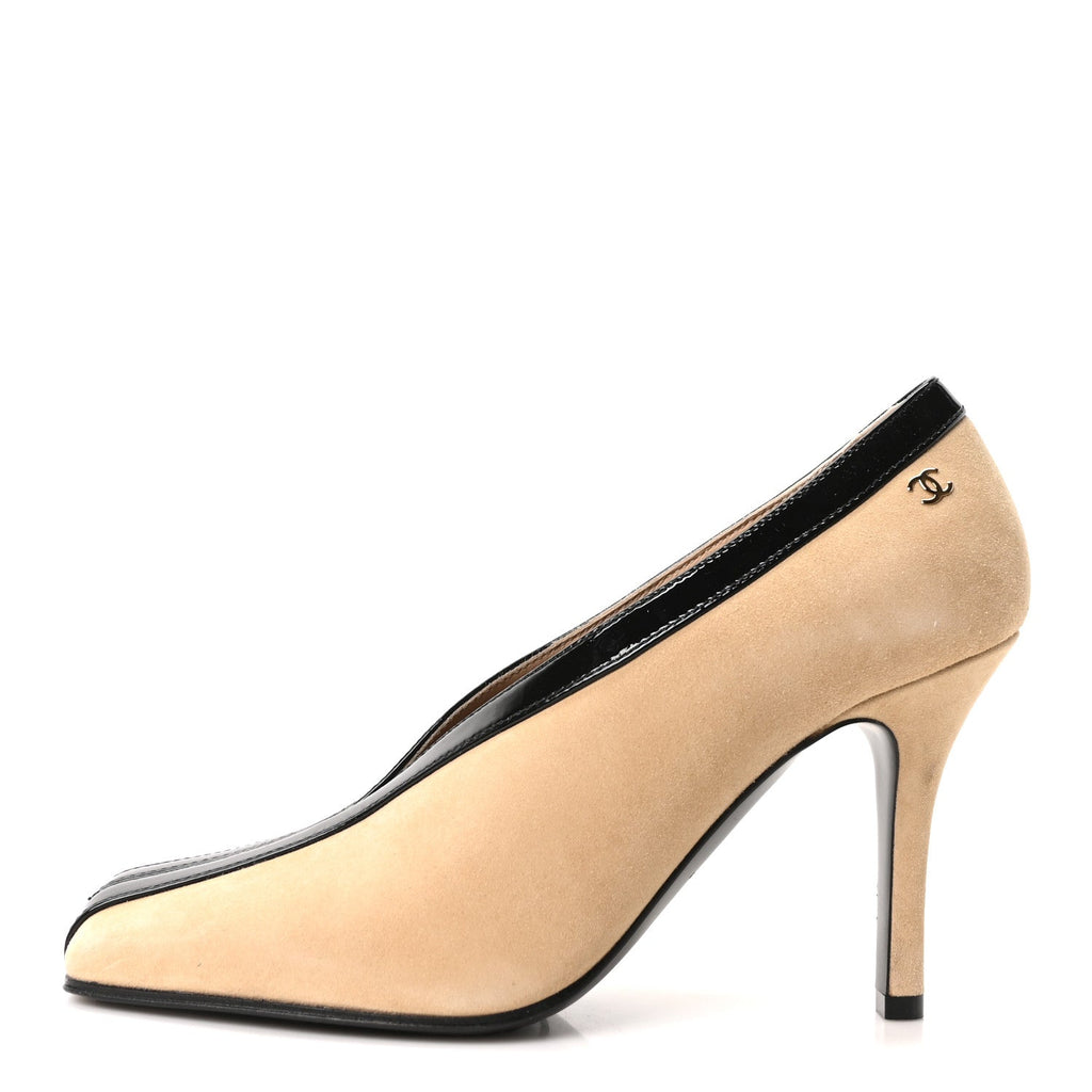 Suede Patent Calfskin Pumps 36.5 Beige Black