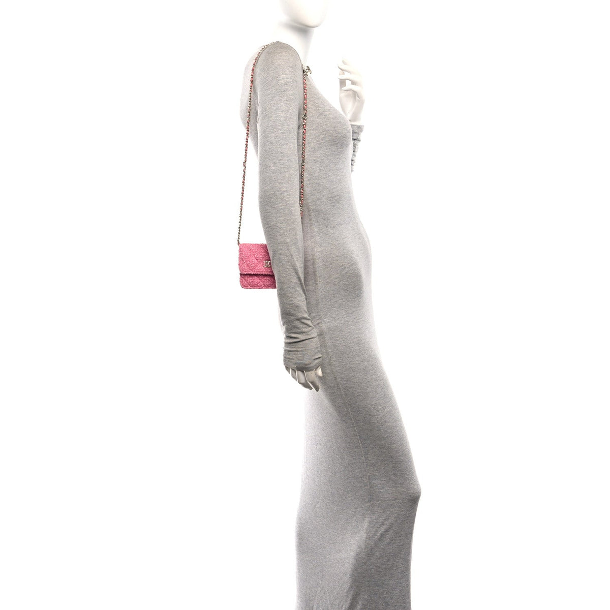 Tweed Quilted Flap Chain Waist Bag Pink