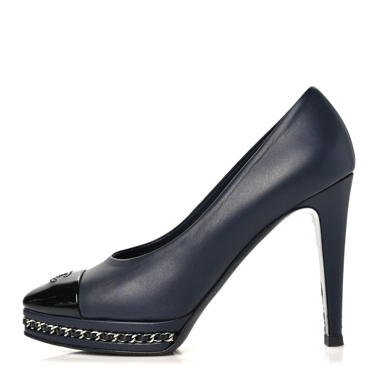 Calfskin Patent CC Cap Toe Platform Chain Pumps 38.5 Navy Black