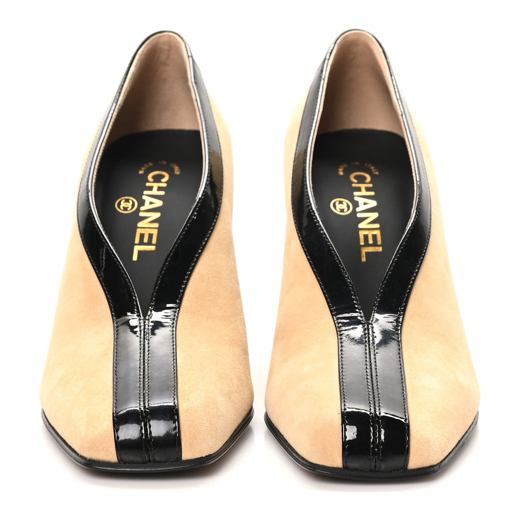 Suede Patent Calfskin Pumps 38 Beige Black