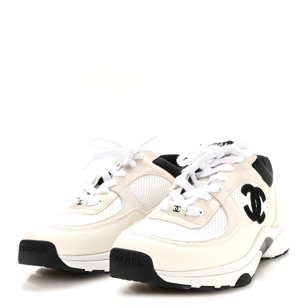 Mesh Suede Calfskin Grained Calfskin Womens CC Sneakers 40.5 White Black