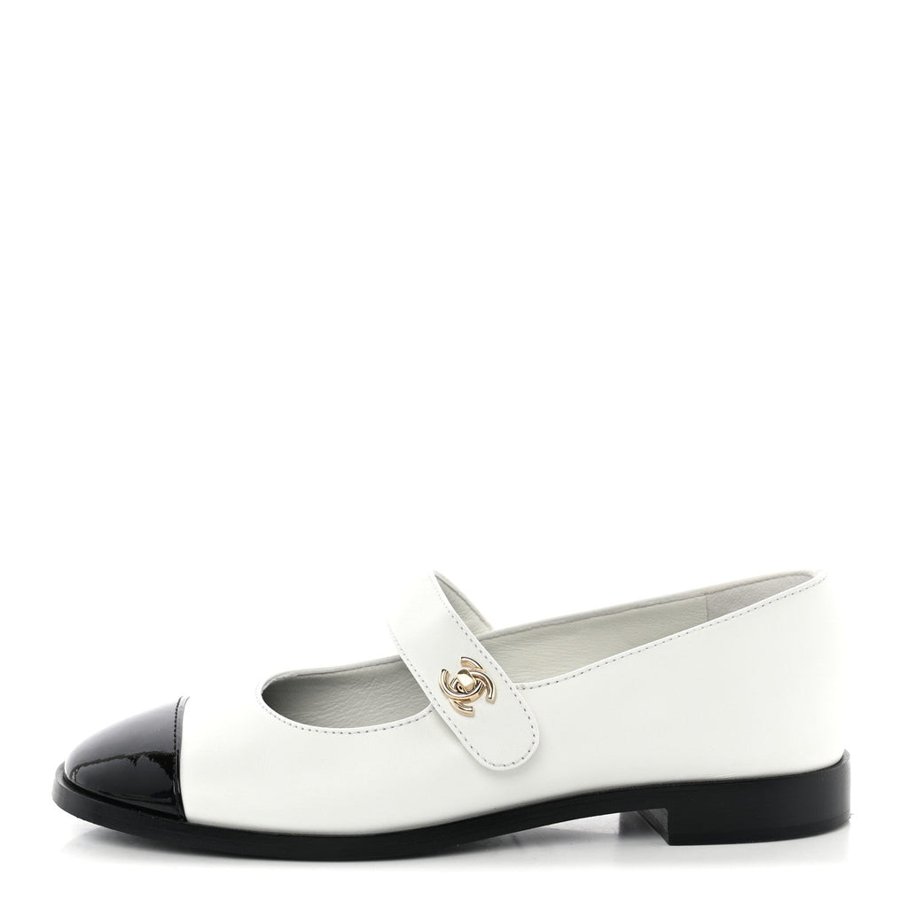 Patent Calfskin Mary Janes Flats 36.5 White Black