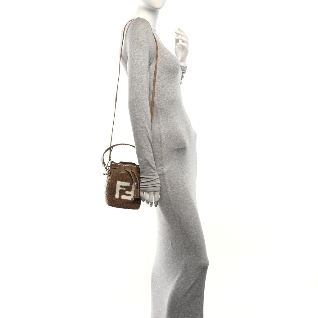 Shearling F is Fendi Macro FF 1974 Diagonal Mini Mon Tresor Bucket Bag Grace Camel