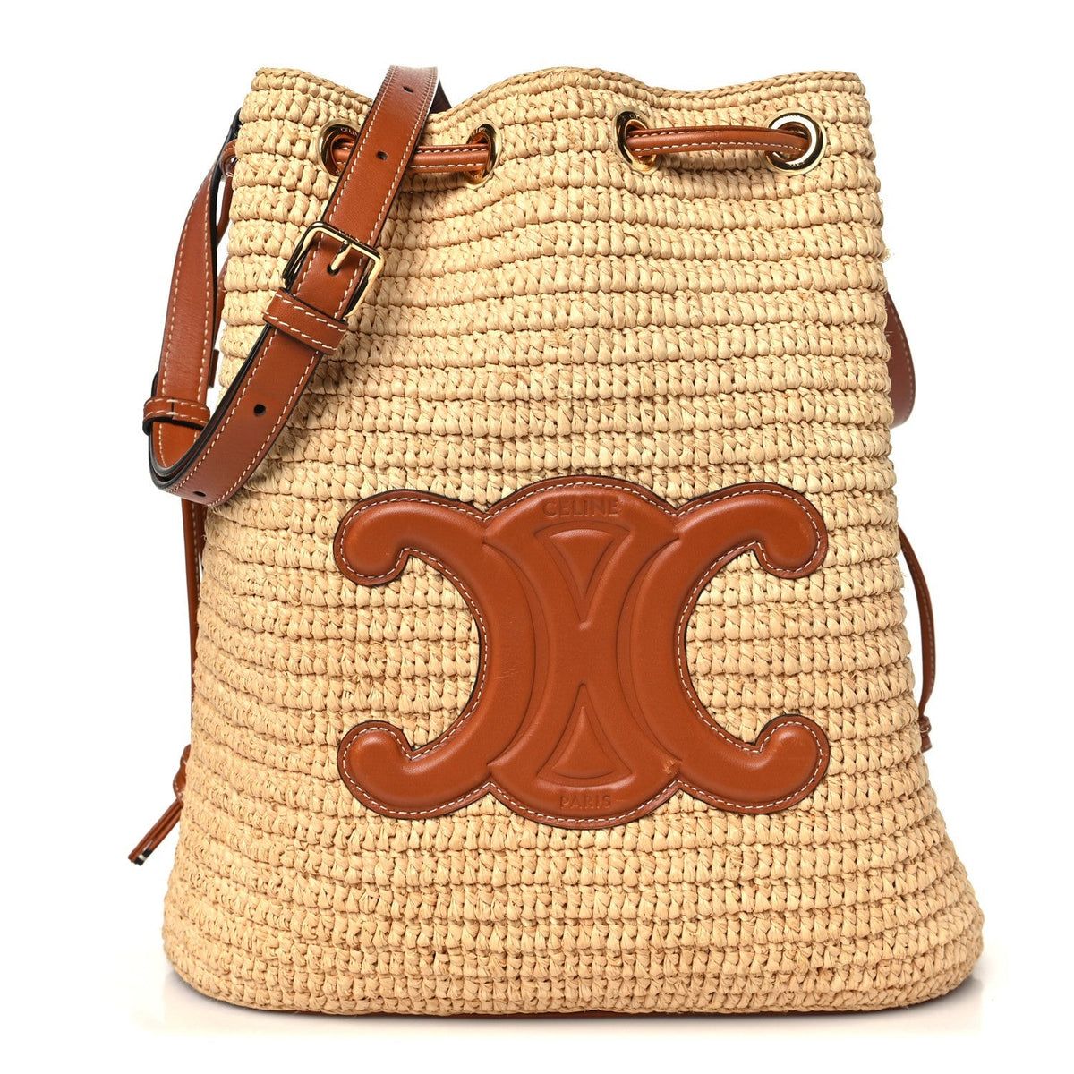 Raffia Calfskin Triomphe Drawstring Bucket Natural Tan