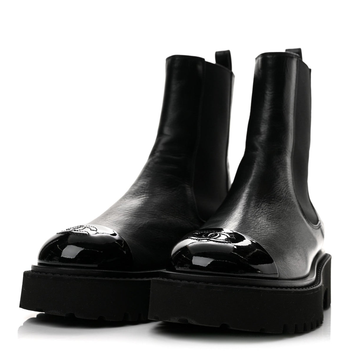 Crumpled Calfskin Patent Cap Toe Short Boots 36.5 Black