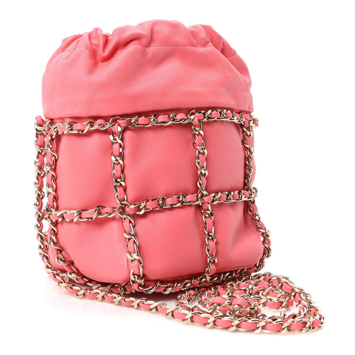 Lambskin Bucket Chain Drawstring Bag Pink