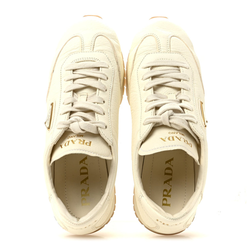Calfskin Metal Triangle Logo Womens Sneakers 40 Neutral