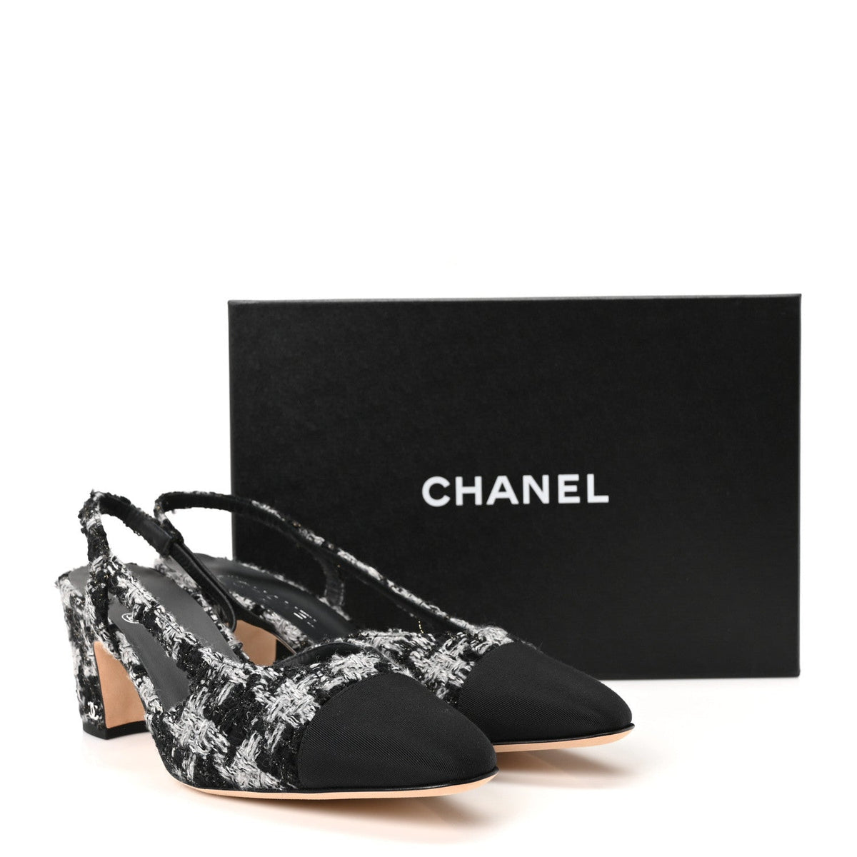 Tweed Grosgrain Cap Toe CC Slingback Pumps 41.5 Black Grey