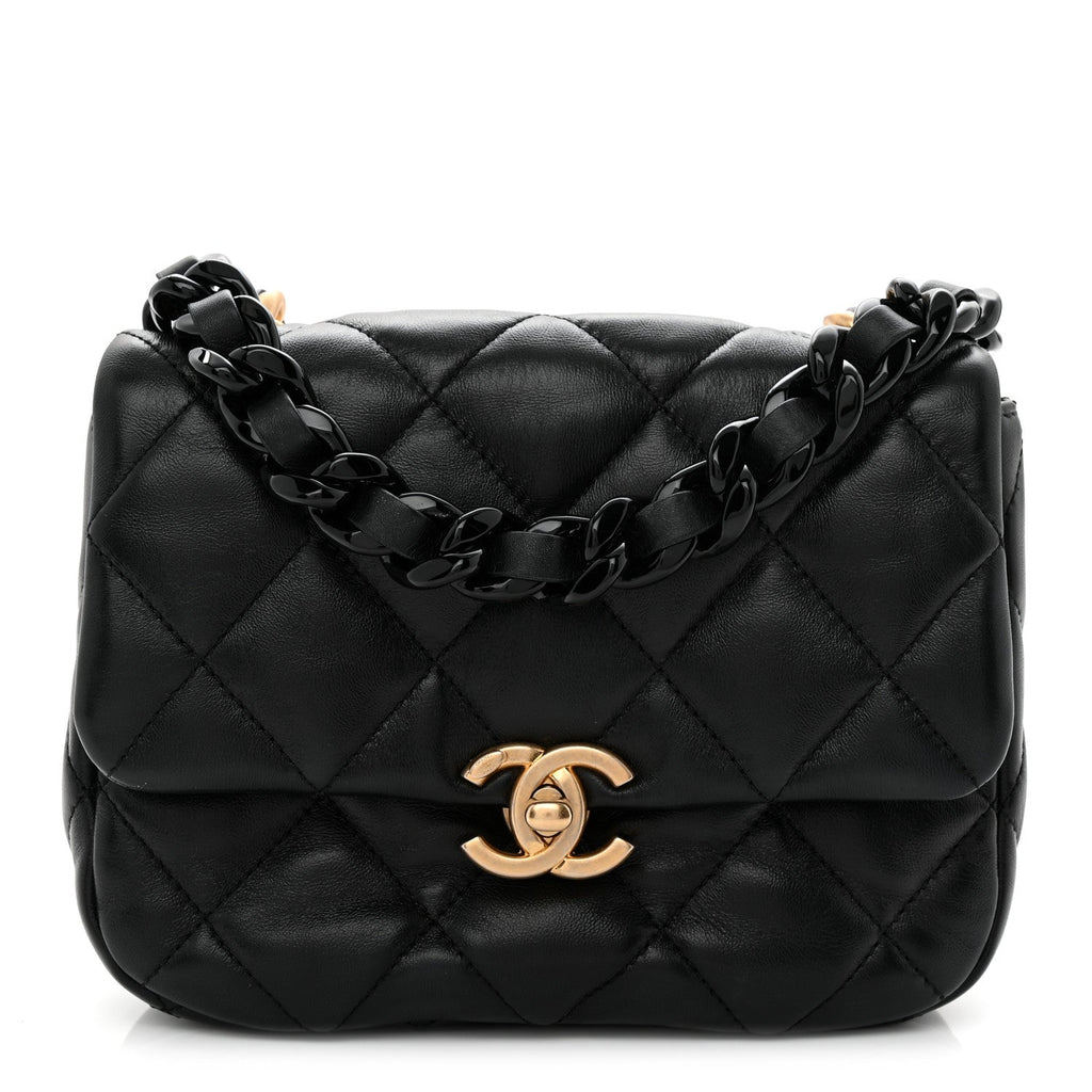 Lambskin Quilted Mini Lacquered Chain Flap Black