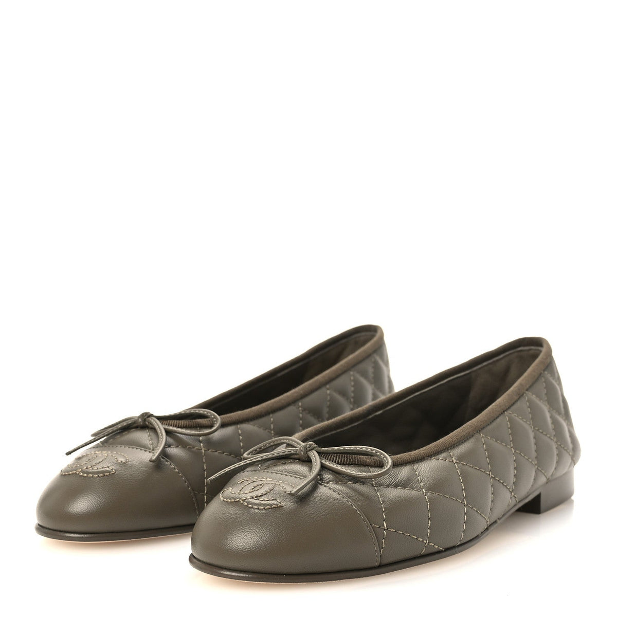Lambskin Quilted CC Cap Toe Ballerina Flats 37 Dark Khaki