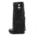 Grained Calfskin Shark Lock Biker Knee Boots 40 Black