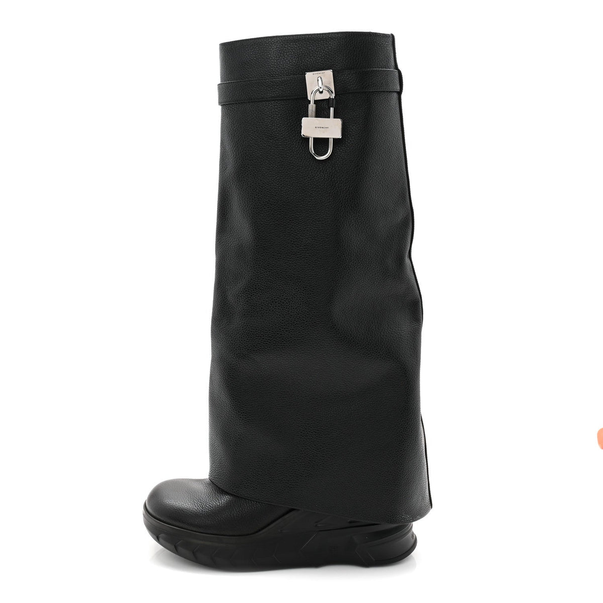 Grained Calfskin Shark Lock Biker Knee Boots 40 Black