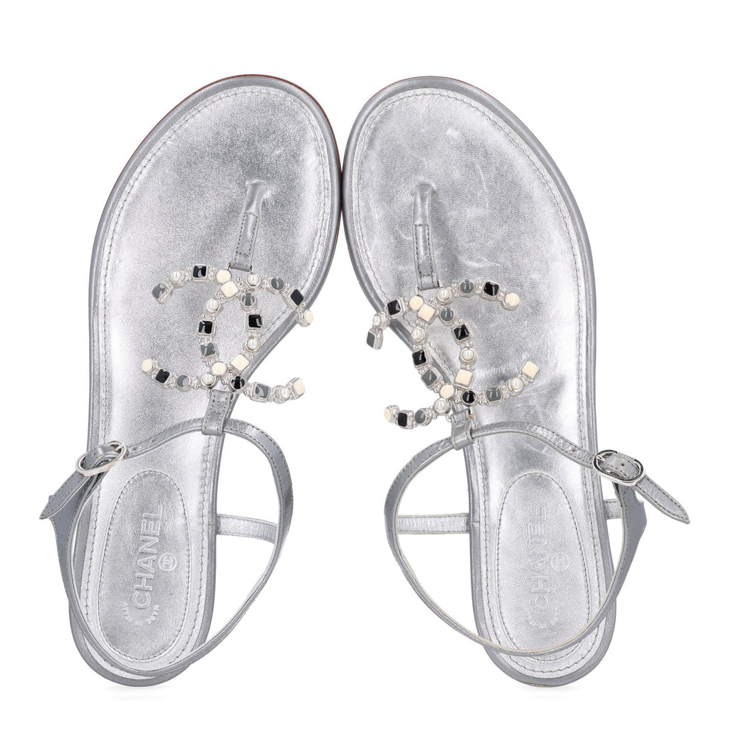 Metallized Lambskin CC Crystal Thong Sandals 37 Silver