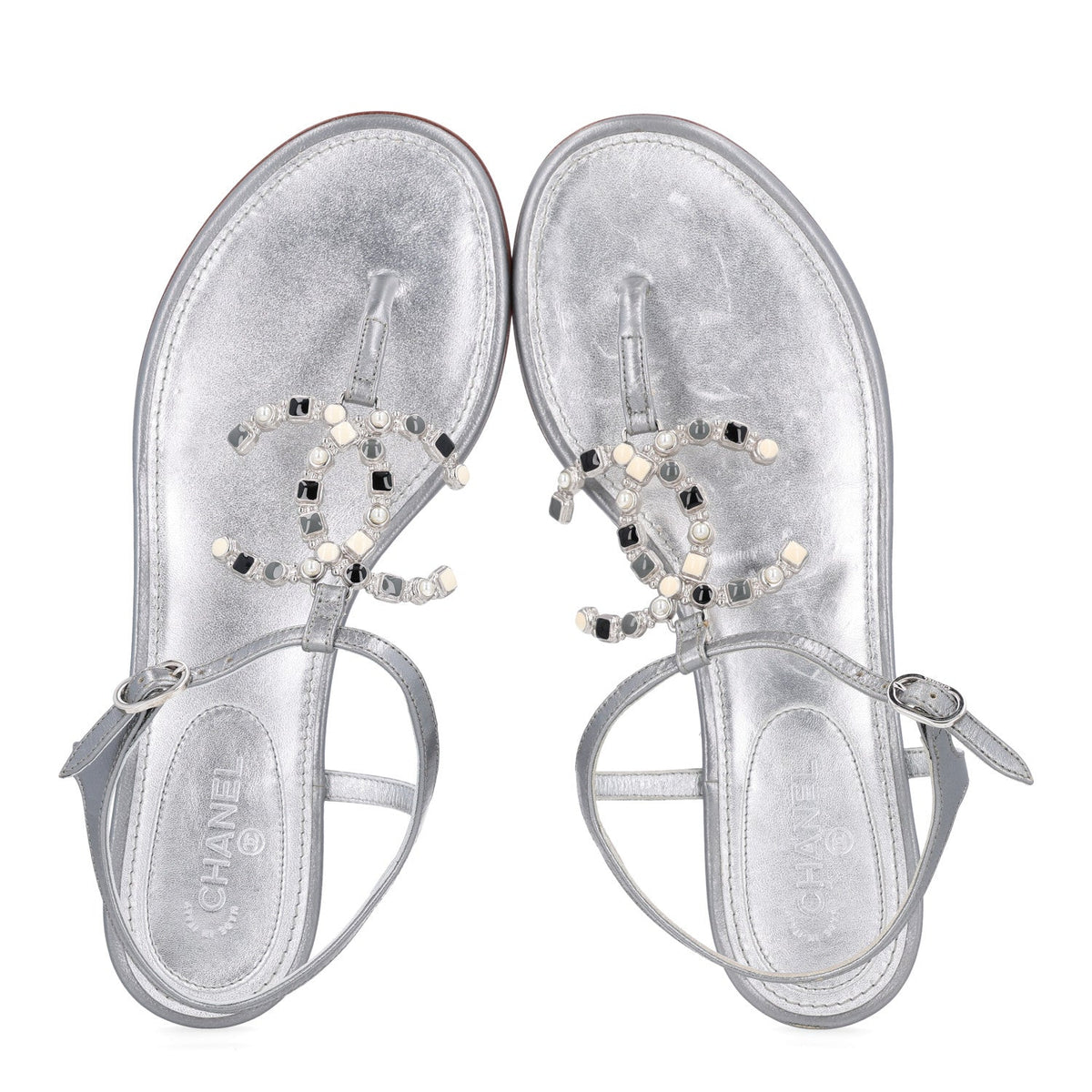 Metallized Lambskin CC Crystal Thong Sandals 37 Silver