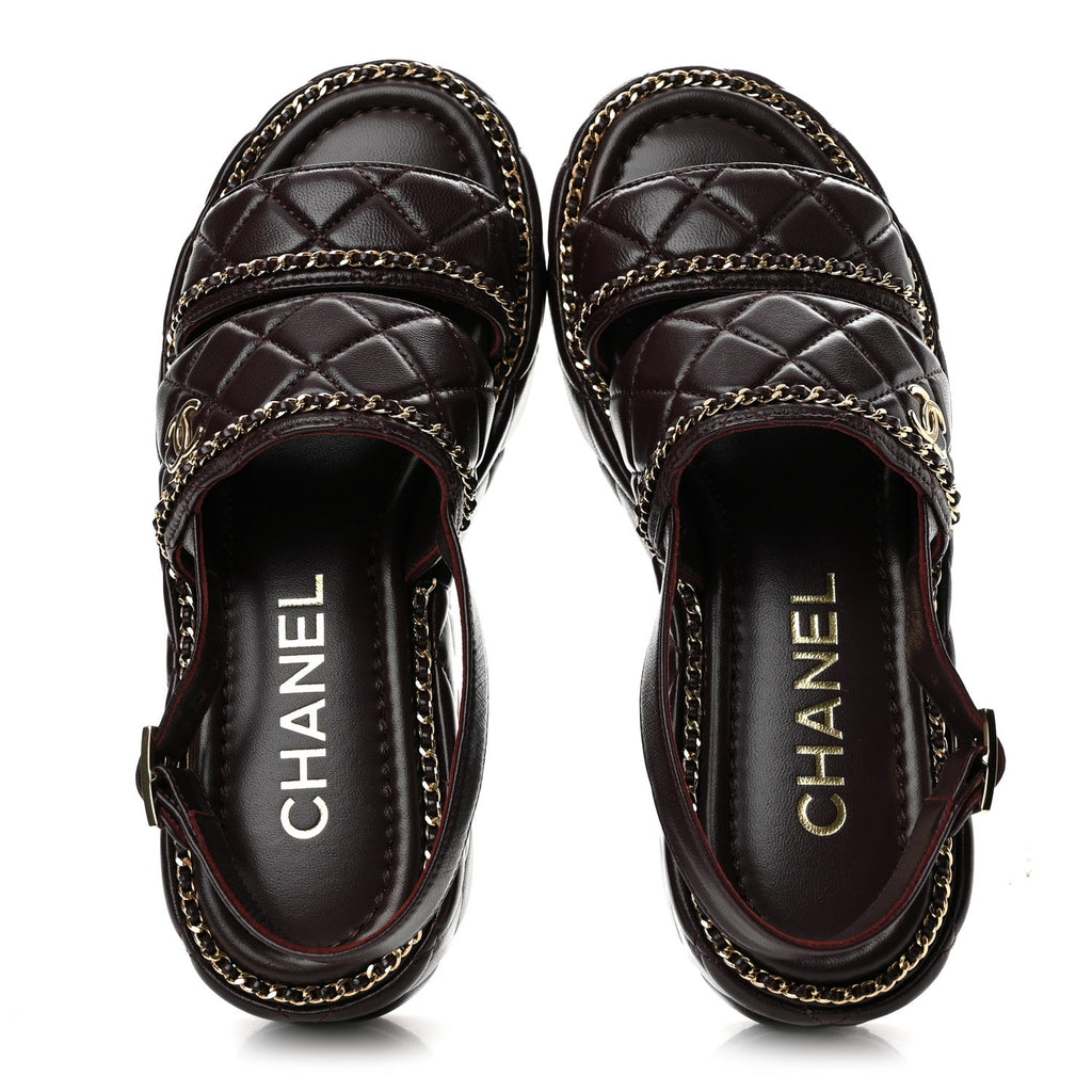Shiny Lambskin Quilted Chain Around CC Platform Sandals 36 Burgundy