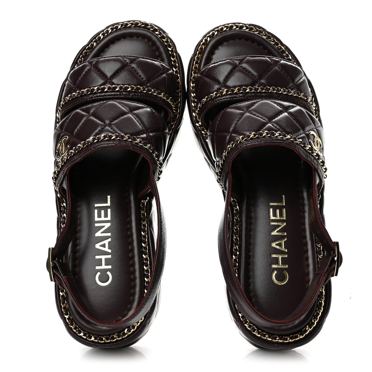Shiny Lambskin Quilted Chain Around CC Platform Sandals 36 Burgundy